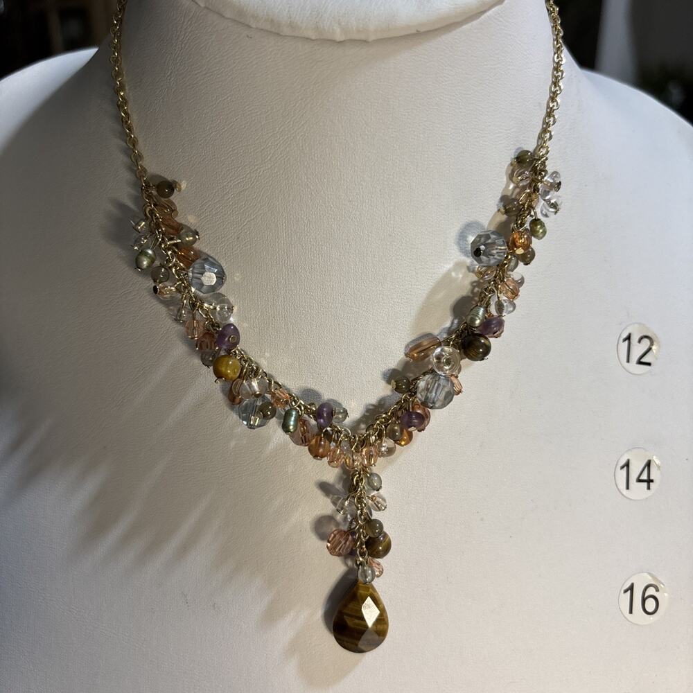 Vintage Goldtone Signed S P Avon 18" Beaded Necklace With Tiger Eye Pendant.
